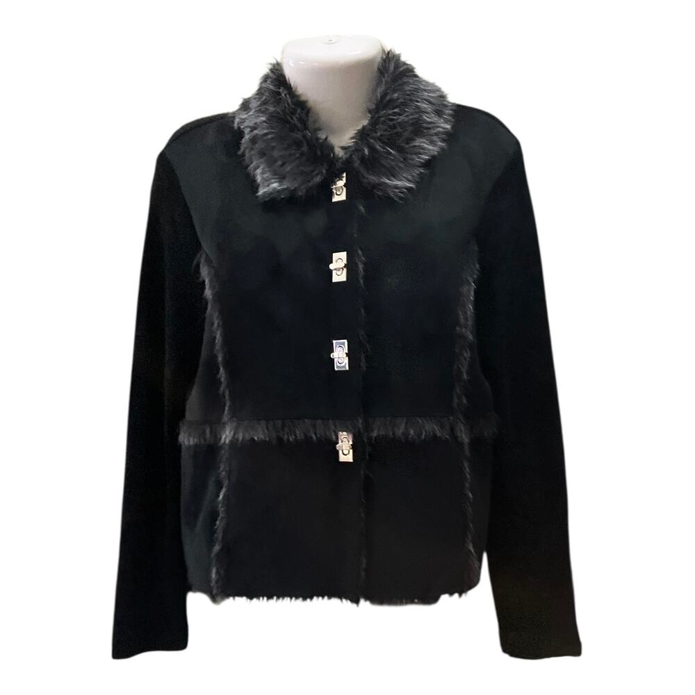 Lisa International Women's Black Faux Fur Lined Suede Button Sweater Coat SZ PL - Picture 3 of 9
